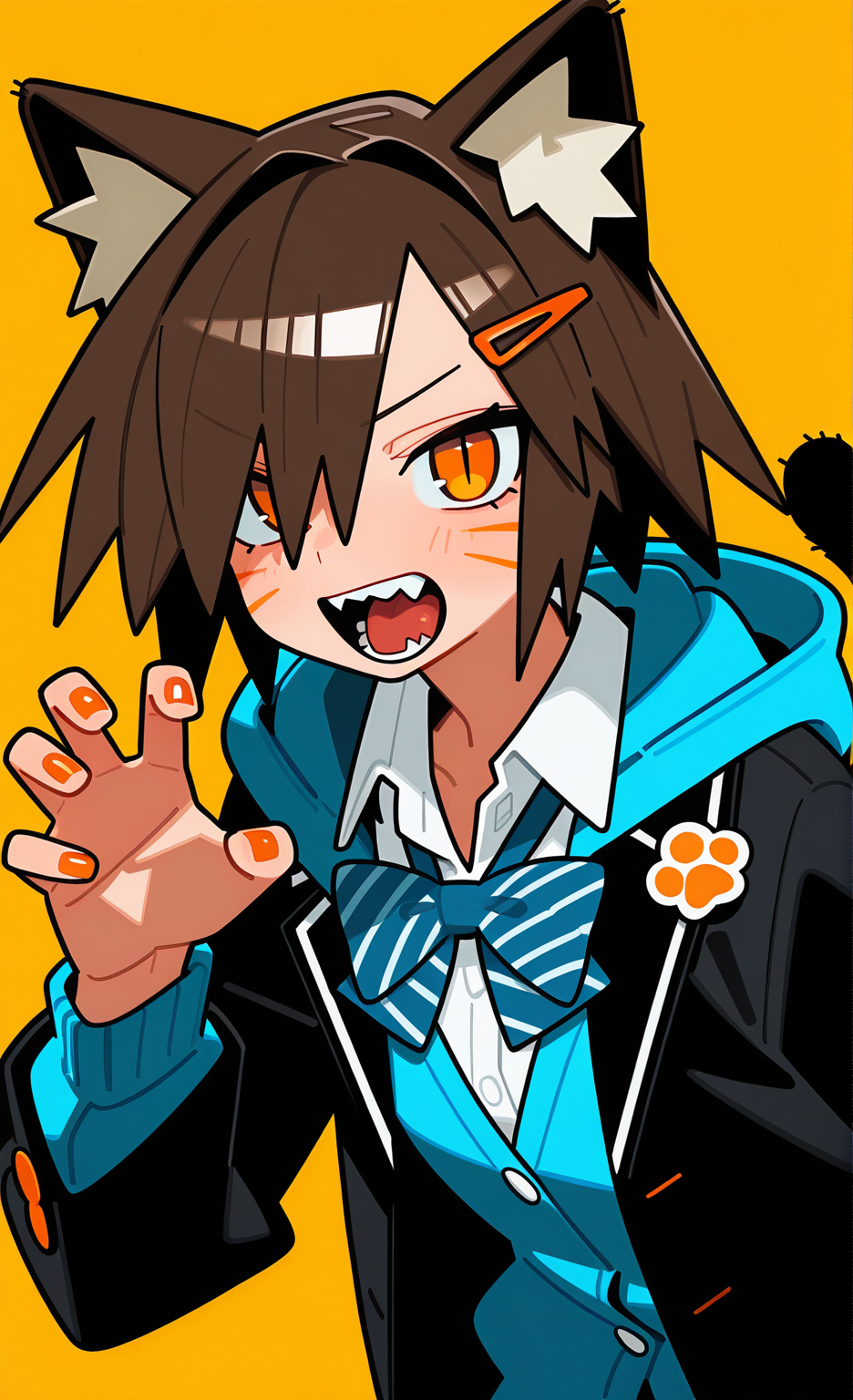 00008-2336998496-masterpiece,best quality,1girl,solo,animal ears,bow,teeth,jacket,tail,open mouth,brown hair,orange background,bowtie,orange nail.png
